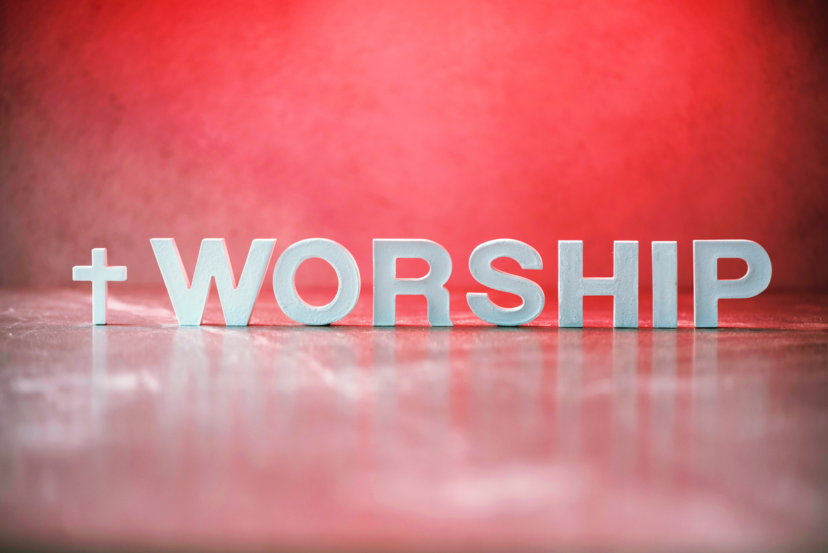 Word Worship Made with Cement Letters on Red Marble Background. Copy Space. Biblical, Spiritual or Christian Reminder. Good Friday, Easter Day in Church. Christian Music Concert, Sunday Service